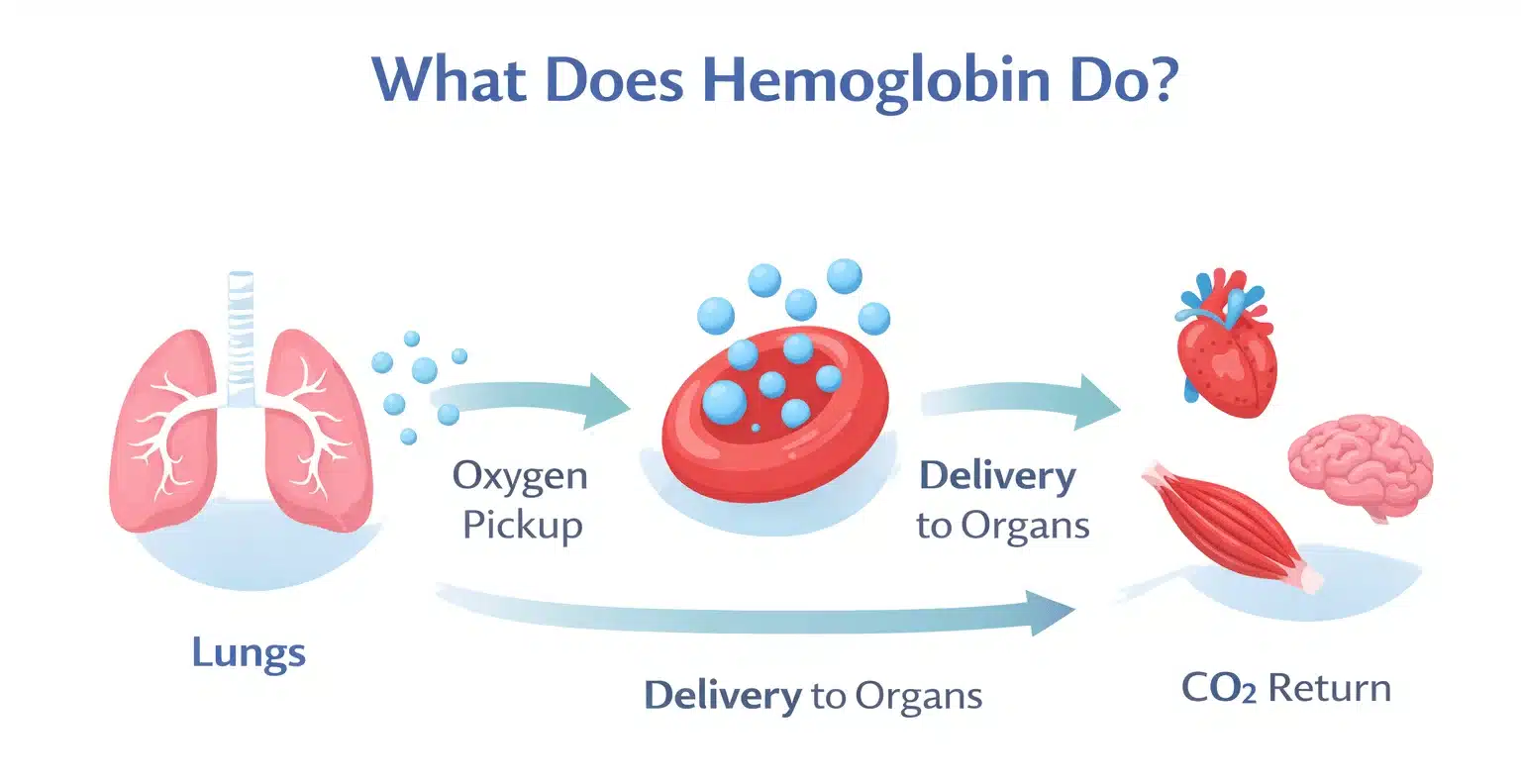 Infographic showing how hemoglobin in red blood cells carries oxygen from lungs to body organs and returns carbon dioxide