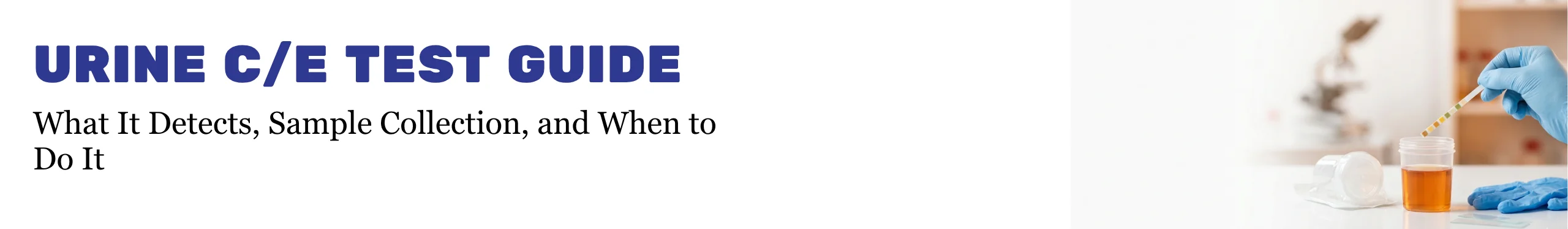 A professional laboratory photograph showing a hand wearing a blue nitrile glove dipping a reagent test strip into a clear plastic cup containing a yellow urine sample. Next to the cup on a white counter are a packaged empty sample container, two glass slides, and another folded glove. The background is a softly blurred laboratory setting with shelves and equipment under warm light, and a large, clean white gradient space is on the left.