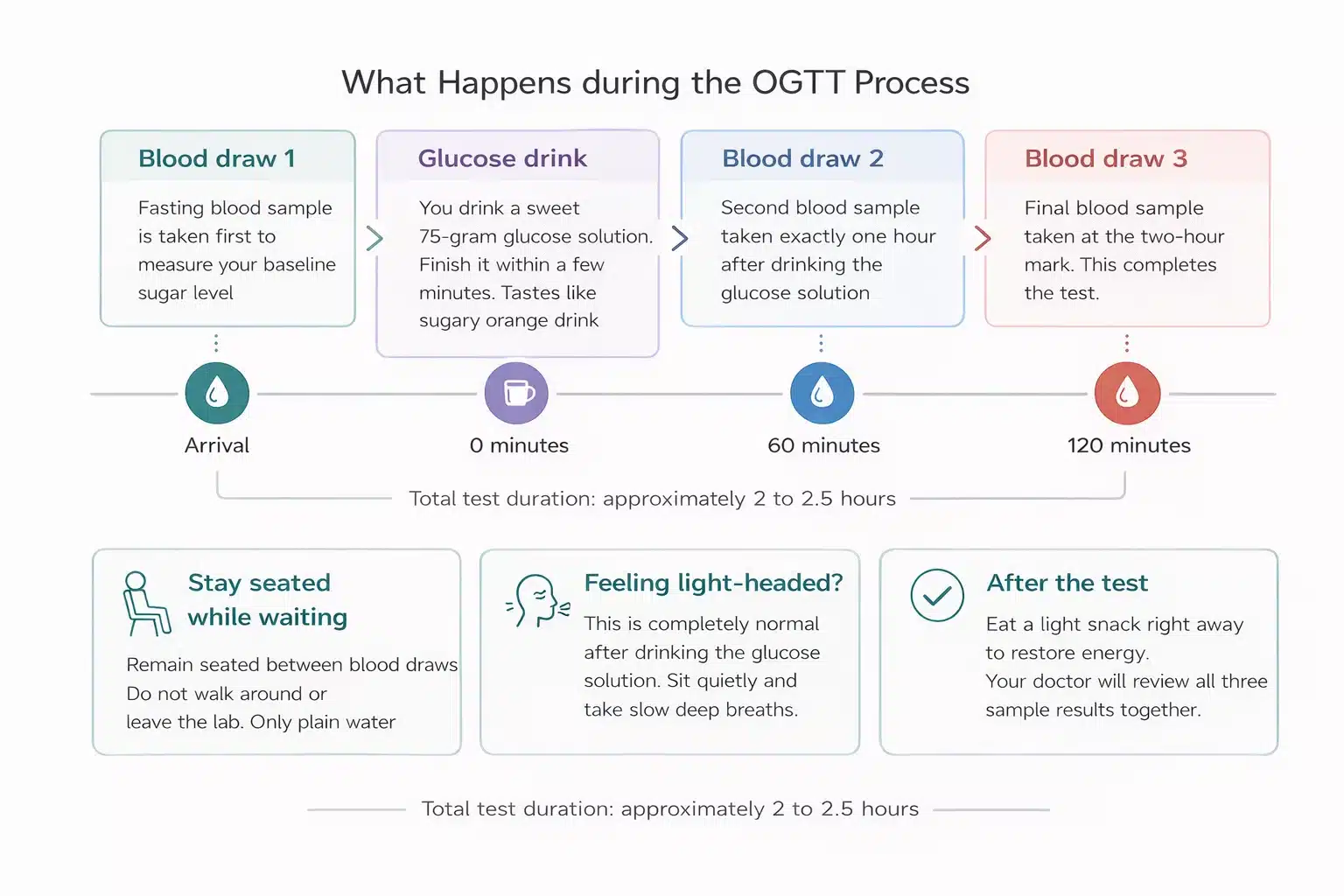 Infographic showing a horizontal timeline of the OGTT pregnancy test process. Four steps from left to right: Blood draw 1 at arrival for fasting sample, glucose drink of 75 grams given at 0 minutes, blood draw 2 at 60 minutes, and blood draw 3 at 120 minutes. Below the timeline, three information cards advise patients to stay seated between draws, that feeling light-headed is normal, and to eat a snack after the test. Total duration is approximately 2 to 2.5 hours.