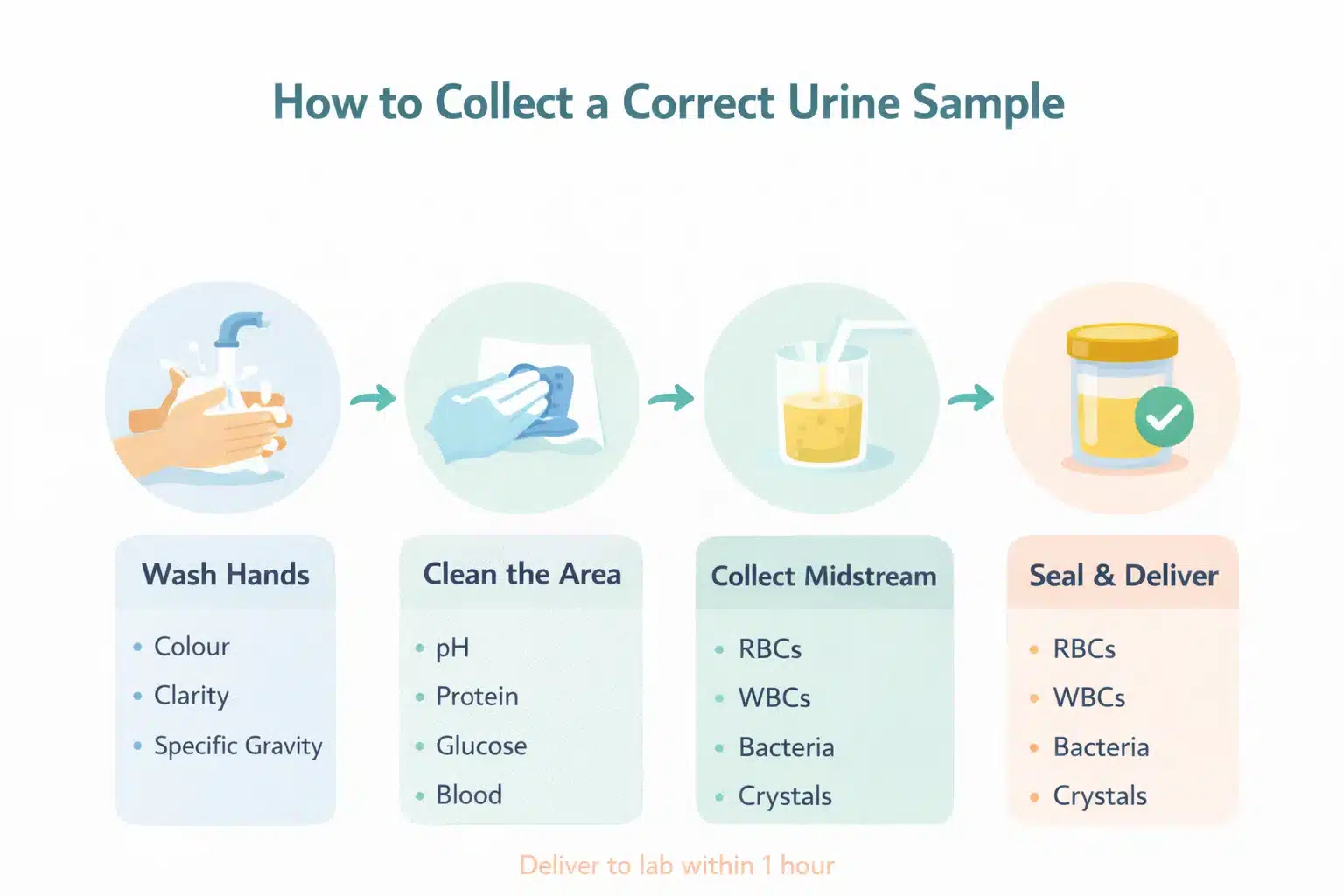 Step-by-step process infographic showing how to correctly collect a midstream urine sample for a urine complete examination on a white background.