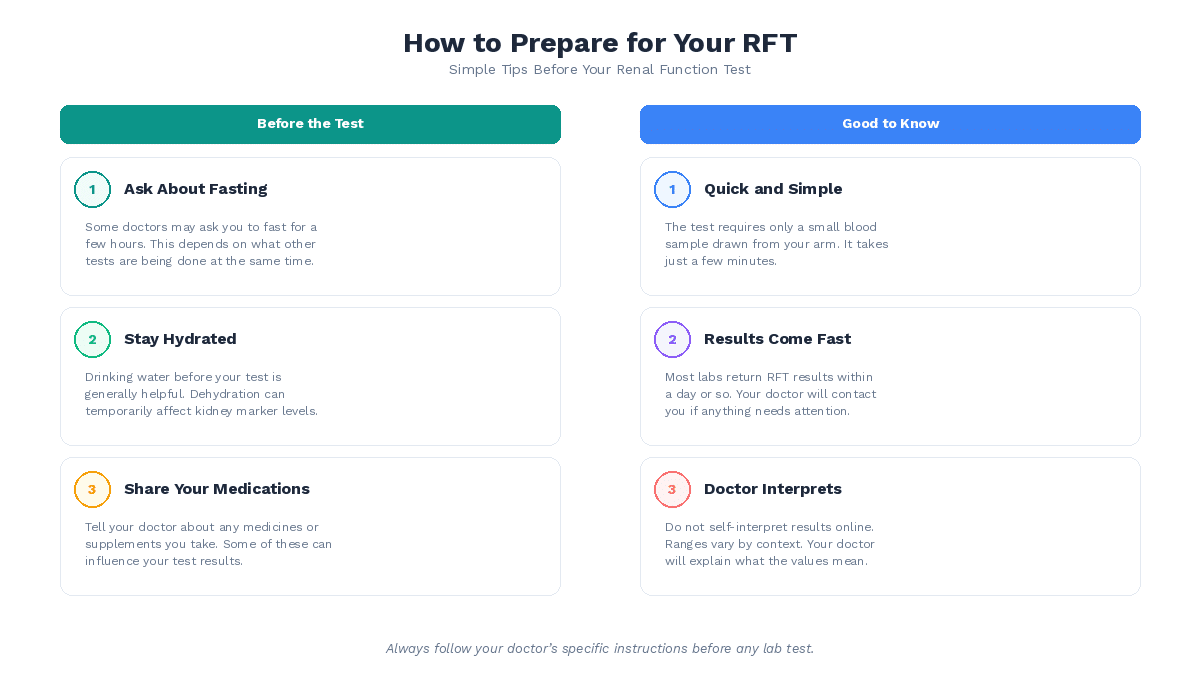 Two-column infographic showing preparation tips and what to expect for a renal function test.