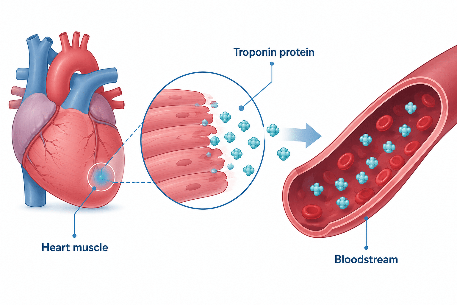 Infographic showing how troponin protein from injured heart muscle enters the bloodstream during a troponin I test 