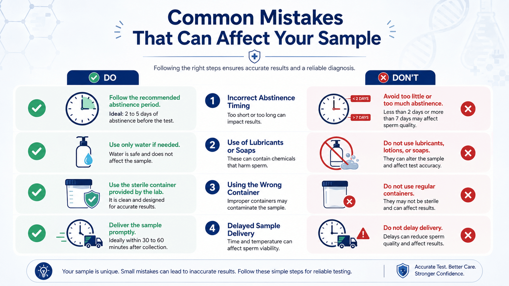 Infographic showing common mistakes to avoid before a semen analysis test including incorrect abstinence timing, lubricant use, non-sterile containers, and sample delivery delays
