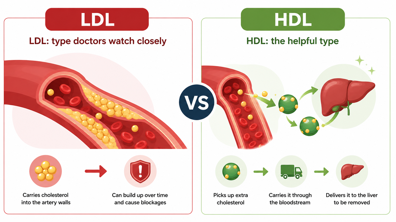 Comparison infographic showing the difference between LDL cholesterol and HDL cholesterol in simple terms