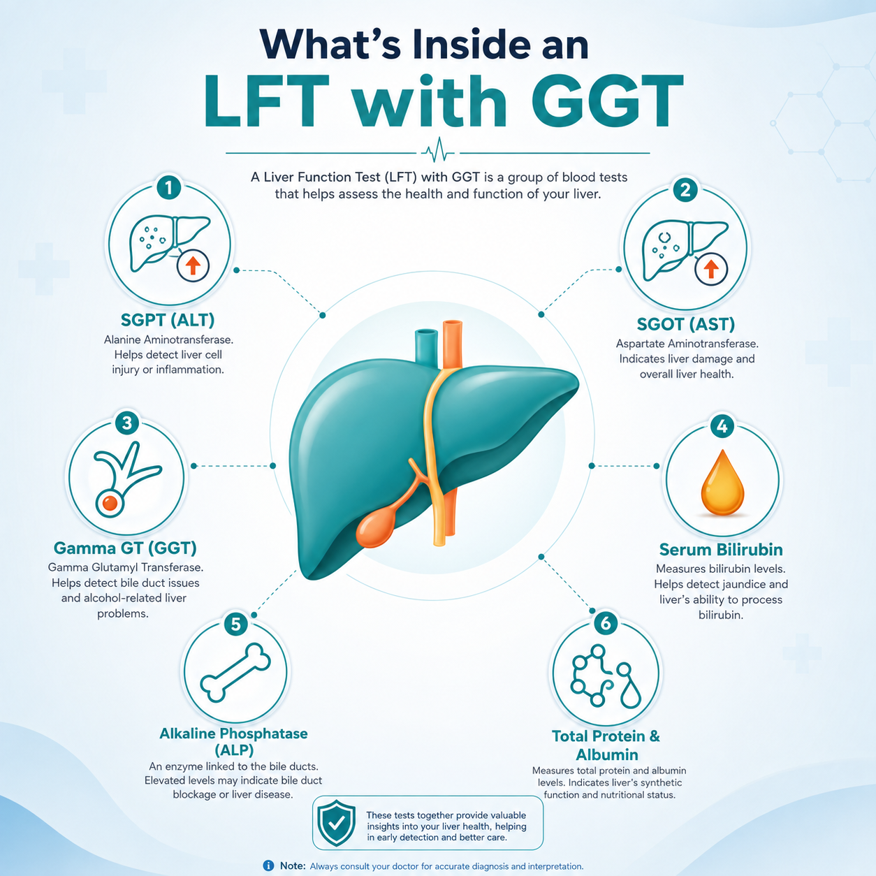 Infographic showing the tests included in an LFT with GGT panel, including liver enzymes, bilirubin, ALP and GGT.