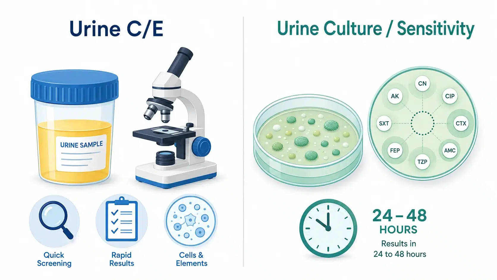Comparison infographic showing the difference between urine 
C/E test and urine culture sensitivity test