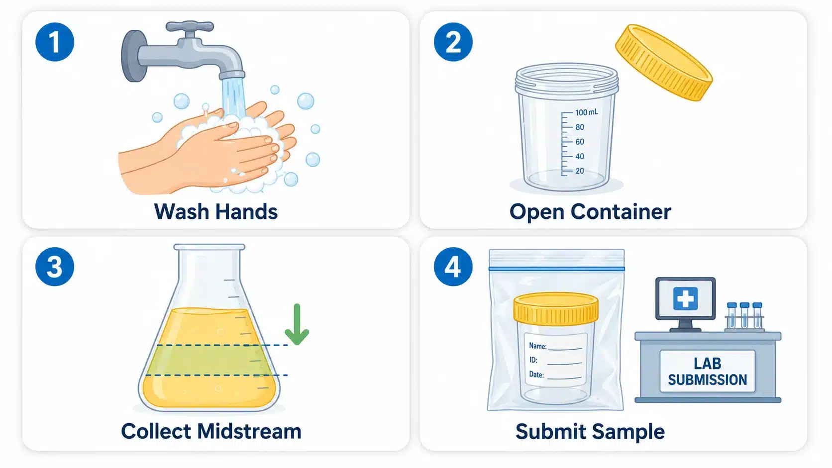 Step-by-step infographic showing how to collect a clean urine 
sample for urine culture test